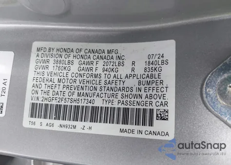 2025 Honda Civic Sport from USA, damaged, VIN 2HGFE2F57SH517340